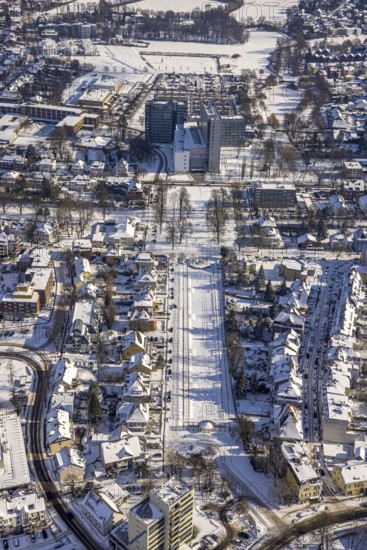 Aerial view, green area Ostring, Otto-Kraft-Platz, Higher Regional Court OLG Hamm, snow, winter,