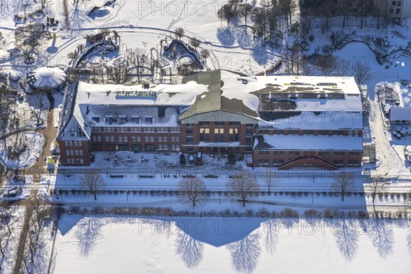 Aerial view, Maxipark, Maximilianpark in winter, machine hall, glass elephant, former Maximilian