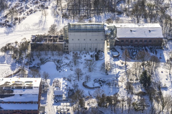 Aerial view, Maxipark, Maximilianpark in winter, machine hall, glass elephant, former Maximilian