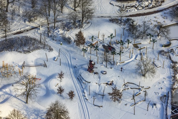 Aerial view, Maxipark, Maximilianpark in winter, water playground with snow, former Maximilian