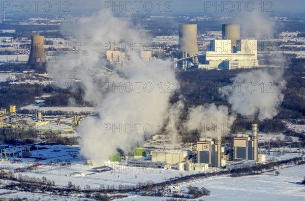 Aerial photo, Trianel Gaskraftwerk Hamm GmbH & Co. KG, GUD, winter, snow, Uentrop, Hamm, Ruhr area,