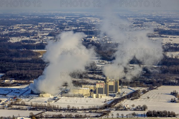 Aerial photo, Trianel Gaskraftwerk Hamm GmbH & Co. KG, GUD, winter, snow, Uentrop, Hamm, Ruhr area,