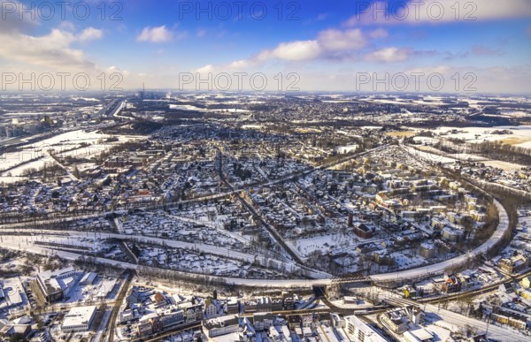 Aerial view, overview Hamm-Heessen from the centre in west direction, snow, winter, Hamm, Ruhr