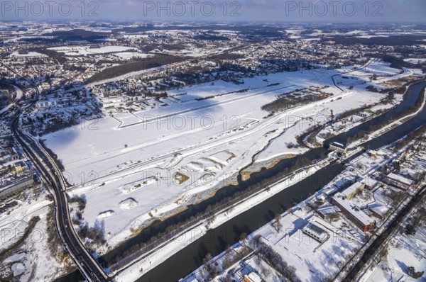 Aerial view, Hamm EDLH airfield, Lippe, Datteln-Hamm Canal, B63 Münsterstraße bridge, HTC Hockey