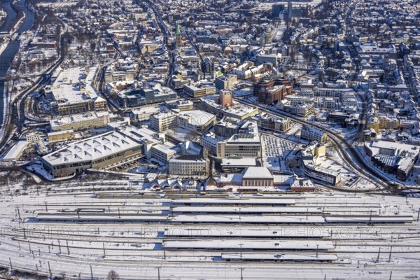 Aerial view, Hamm main station, tracks and platforms in the snow, winter, city centre,
