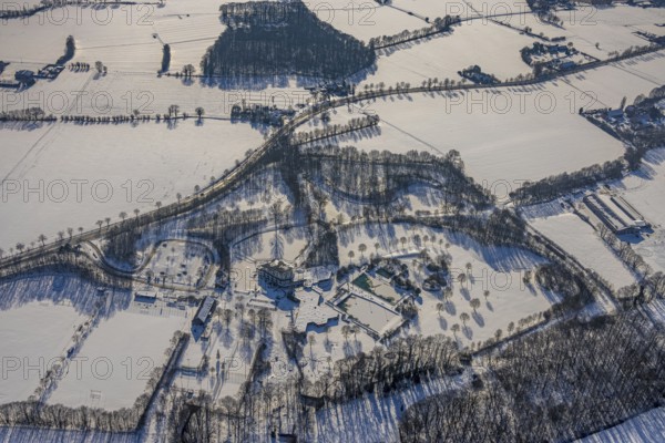 Aerial view, Hotel Selbachpark with outdoor pool Selbachpark, snow-covered areas, winter, Pelkum,