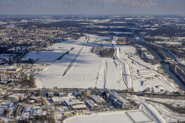 Aerial view, Hamm EDLH airfield, Lippe, Datteln-Hamm canal, bridge federal road B63 Münsterstraße,