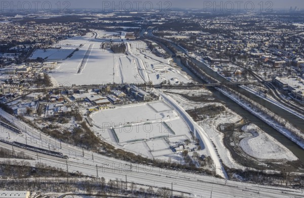 Aerial view, Hamm EDLH airfield, Lippe, Datteln-Hamm canal, bridge federal road B63 Münsterstraße,