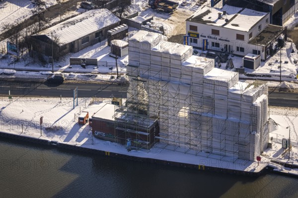 Aerial view, construction site renovation of the historic crane in Hammer harbour, technical