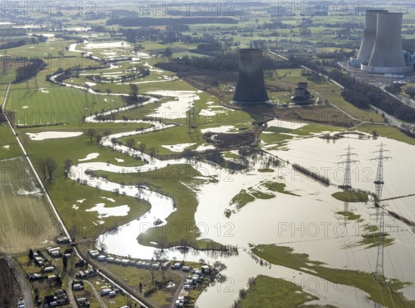 Aerial view, Lippe meander, Lippe with flood, Schmehauser Mersch, Campingplatz Uentrop Helbach