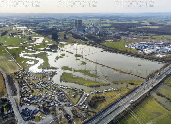 Aerial view, Lippe meander, Lippe with flood, Schmehauser Mersch, Campingplatz Uentrop Helbach