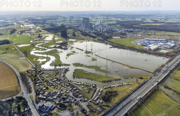 Aerial view, Lippemäande, Lippe with flood, Schmehauser Mersch, Campingplatz Uentrop Helbach GmbH,