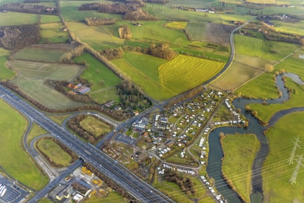 Aerial view motorway A2 with motorway junction Hamm-Uentrop and planned industrial area Westfalen