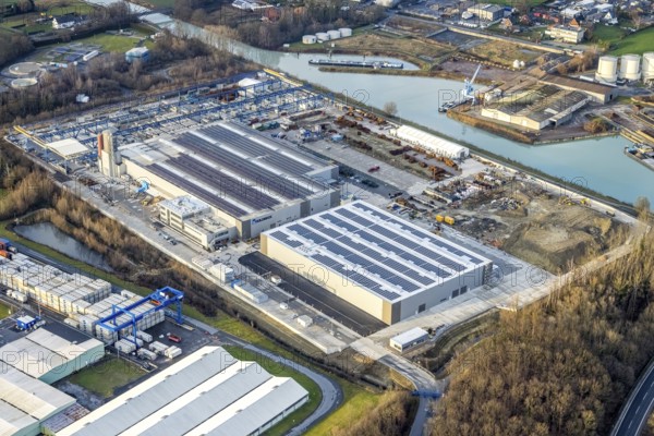 Aerial view Goldbeck concrete elements at the Datteln-Hamm Canal in Hamm, Ruhr area, North