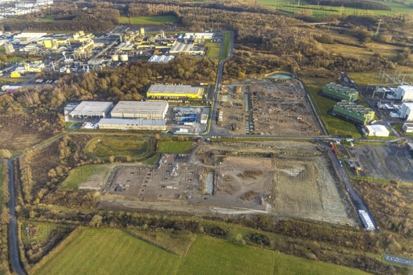 Aerial view construction site for Douglas distribution centre in the district Uentrop in Hamm, Ruhr