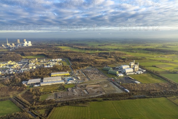 Aerial view Trianel gas power plant Hamm with construction site for Douglas distribution centre and