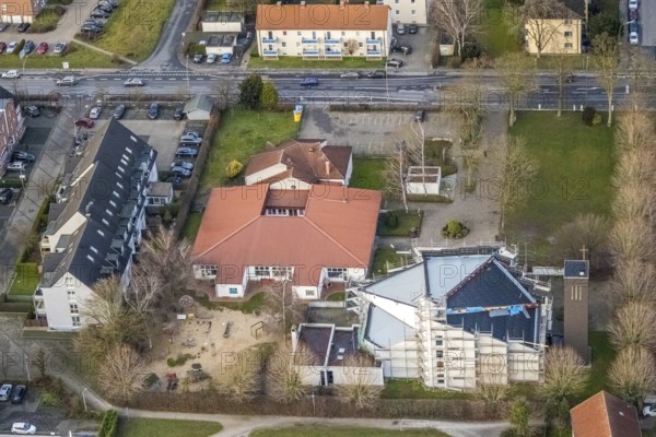 Aerial view catholic parish of St. Boniface with roof renewal of the St. Bonifatius Church in Hamm,
