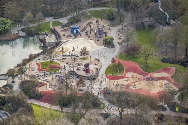 Aerial view playground in Maximilianpark in Hamm, Ruhr area, North Rhine-Westphalia, Germany, DE,