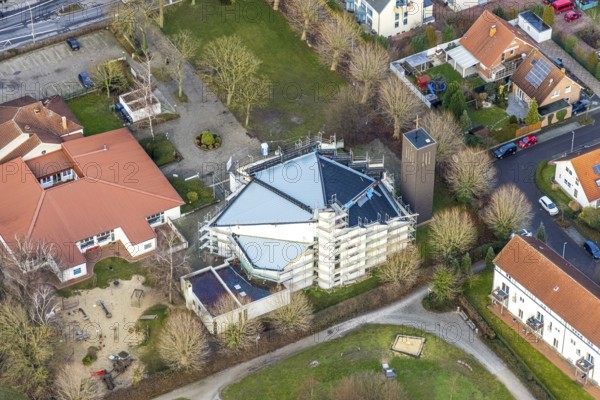 Aerial view catholic parish of St. Boniface with roof renewal of the St. Bonifatius Church in Hamm,