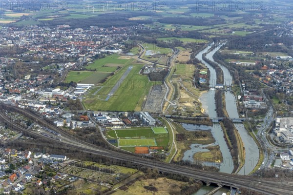 Aerial view, Lippe reconstruction, river Lippe, Lippe beach, runway with taxiway area of