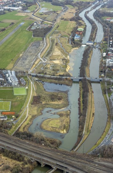 Aerial view, Lippe reconstruction, river Lippe, Lippe beach, runway with taxiway area of