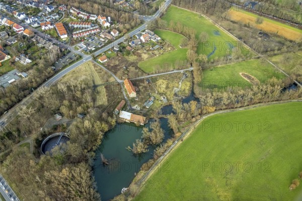 Aerial view, development of the area at the Heessener Schlossmühle, historic mill, Enniger Bach,