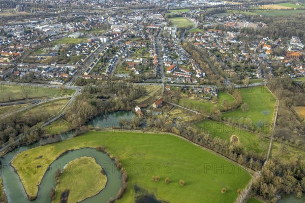 Aerial view, development of the area at the Heessener Schlossmühle, historic mill, Enniger Bach,