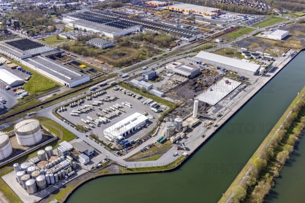 Aerial view, industrial estate harbour, construction site Lanfer site, loading terminal,