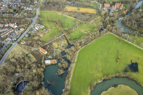 Aerial view, development of the area at the Heessener Schlossmühle, historic mill, Enniger Bach,