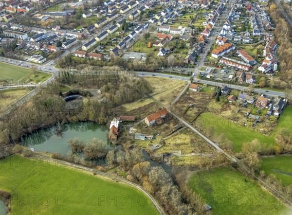 Aerial view, development of the area at the Heessener Schlossmühle, historic mill, Enniger Bach,