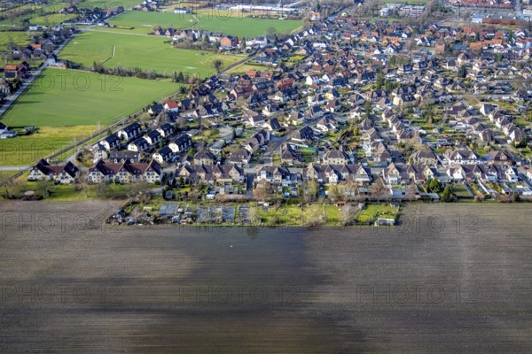 Aerial photograph, flooded fields in the Maximilian colony, flood, miners' settlement, Uentrop,
