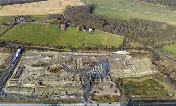 Aerial view, construction site for the new building complex on the site of the logistics centre and
