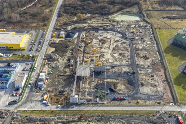 Aerial view, construction site for the new building complex on the site of the logistics centre and