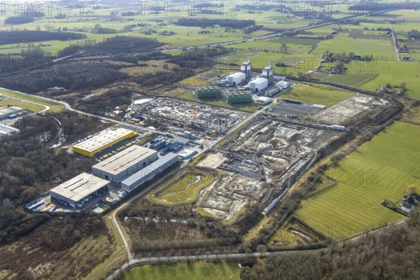 Aerial view, construction site for the new building complex on the site of the logistics centre and