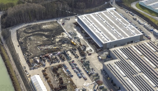 Aerial view, new halls at GOLDBECK Betonelemente GmbH Hamm, near plastics factory DuBay Polymer
