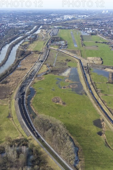 Aerial view, Lippe reconstruction, river Lippe, Lippe beach, runway with taxiway area of