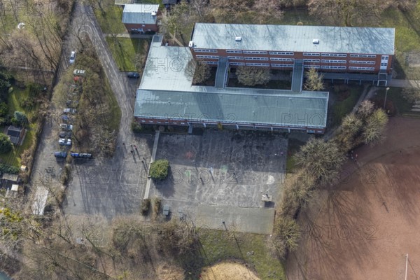 Aerial photo, schoolyard in Corona times, Maximilianschule Hamm, traffic training area in the