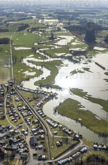 Aerial view, Lippe meander, Lippe with flood, Schmehauser Mersch, Campingplatz Uentrop Helbach