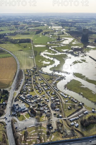 Aerial view, Lippe meander, Lippe with flood, Schmehauser Mersch, Campingplatz Uentrop Helbach