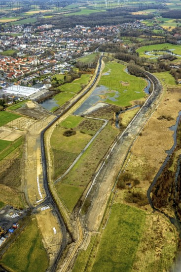 Aerial view, Lippe reconstruction, river Lippe, Lippe beach, runway with taxiway area of