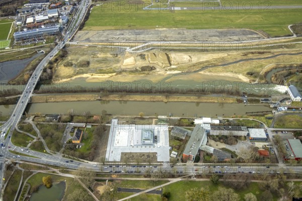 Aerial view, Lippe reconstruction, river Lippe, new rowing centre, new water sports centre, Lippe