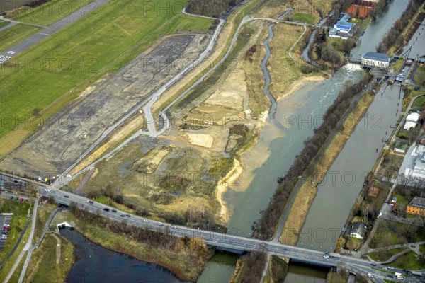 Aerial view, Lippe reconstruction, river Lippe, Lippe beach, runway with taxiway area of