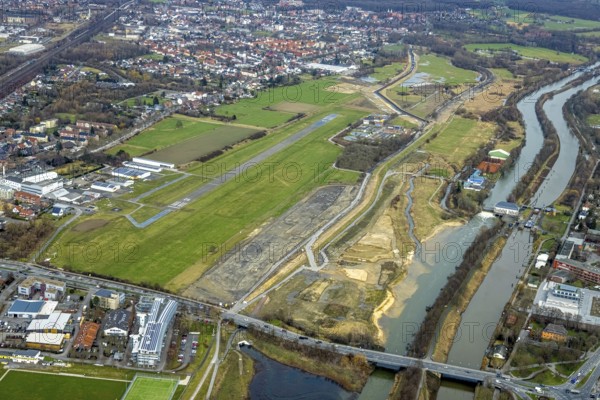 Aerial view, Lippe reconstruction, river Lippe, Lippe beach, runway with taxiway area of