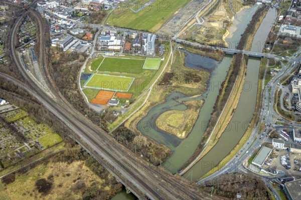 Aerial view, Lippe reconstruction, river Lippe, Lippe beach, runway with taxiway area of