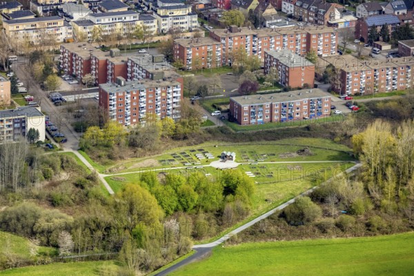 Aerial view, urban gardening in the Kornmersch, Rheinsberger Platz with high-rise housing estate,