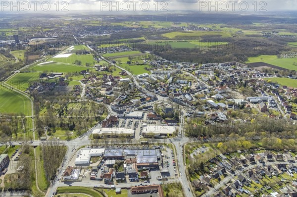 Aerial view, Lippecarree shopping centre at Herringer Markt, Evangelical St. Victor Church,