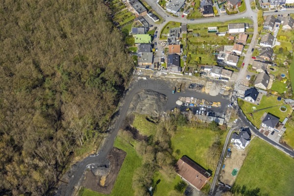 Aerial view, construction site Hoppeibach for new pumping station Bocksheideweg near Sundernwald in