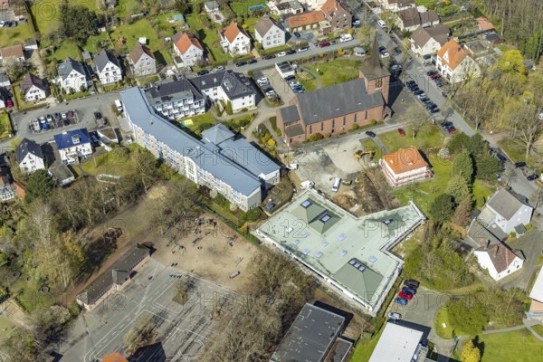 Aerial view, construction site and new building Haus der Begegnung for the parish and the all-day