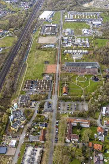 Aerial view, commercial area Ökozentrum Sachsenweg and Alfred-fisherman-Halle in Heessen, Hamm,