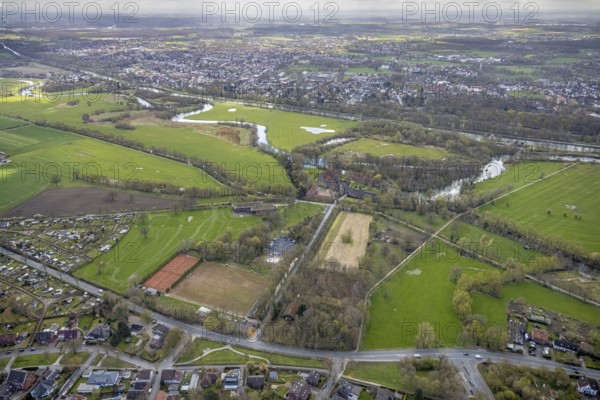 Aerial view, sports field Dolberger Straße with tennis courts near Heessen Castle, Lippeauen,